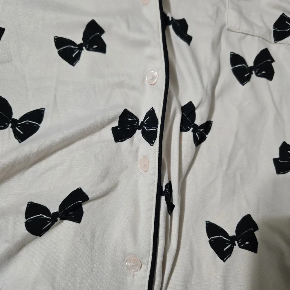 Kate Spade New York Womens Pajama Shirt Top XL Short Sleeve Bows cream Black